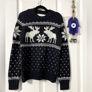 Abercrombie Kids Fir Isle Moose Wool Sweater Size Large Navy & White GUC Holiday